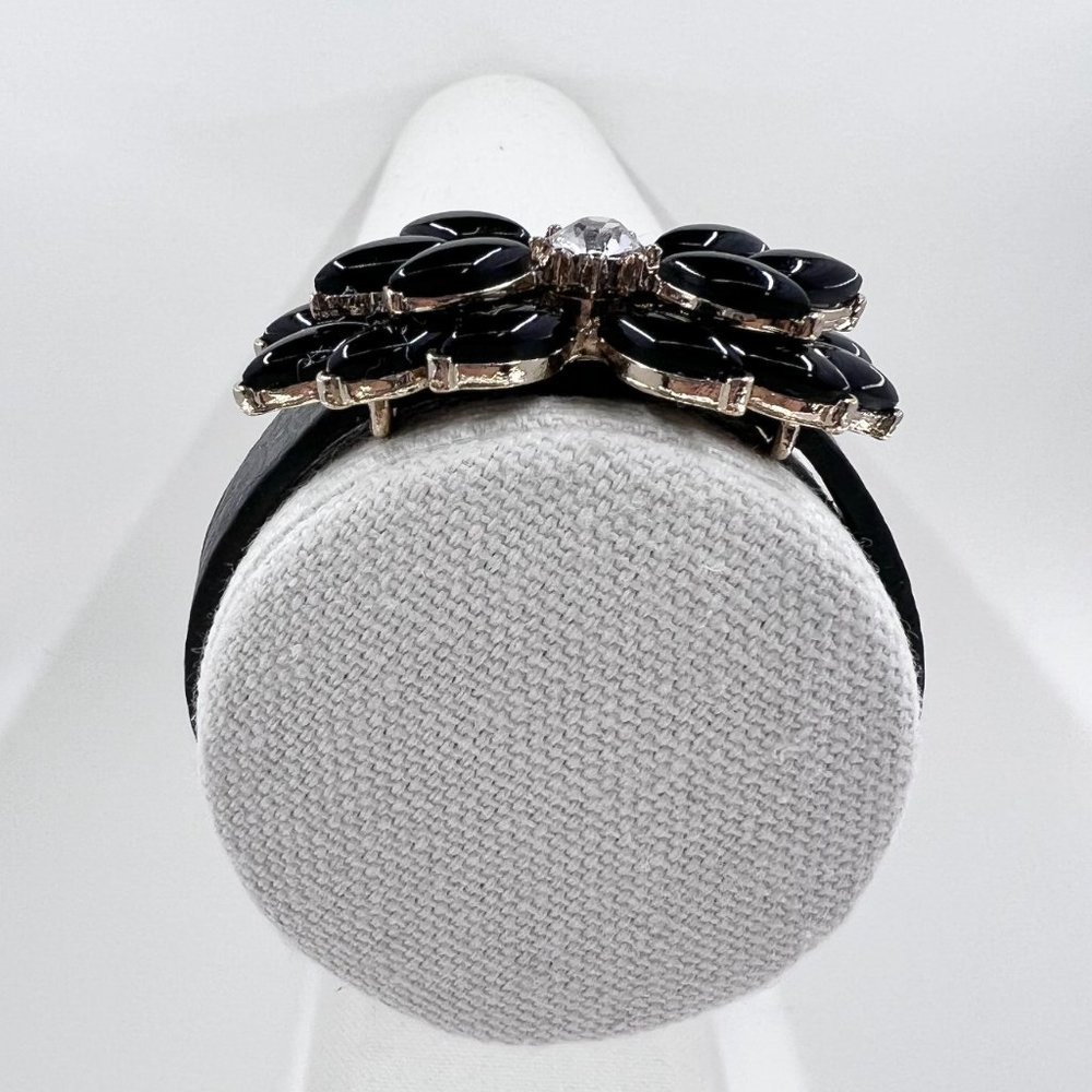Black Jeweled Double Stacked Flower Gold Tone Black Leather 7” Bracelet - Picture 3 of 9